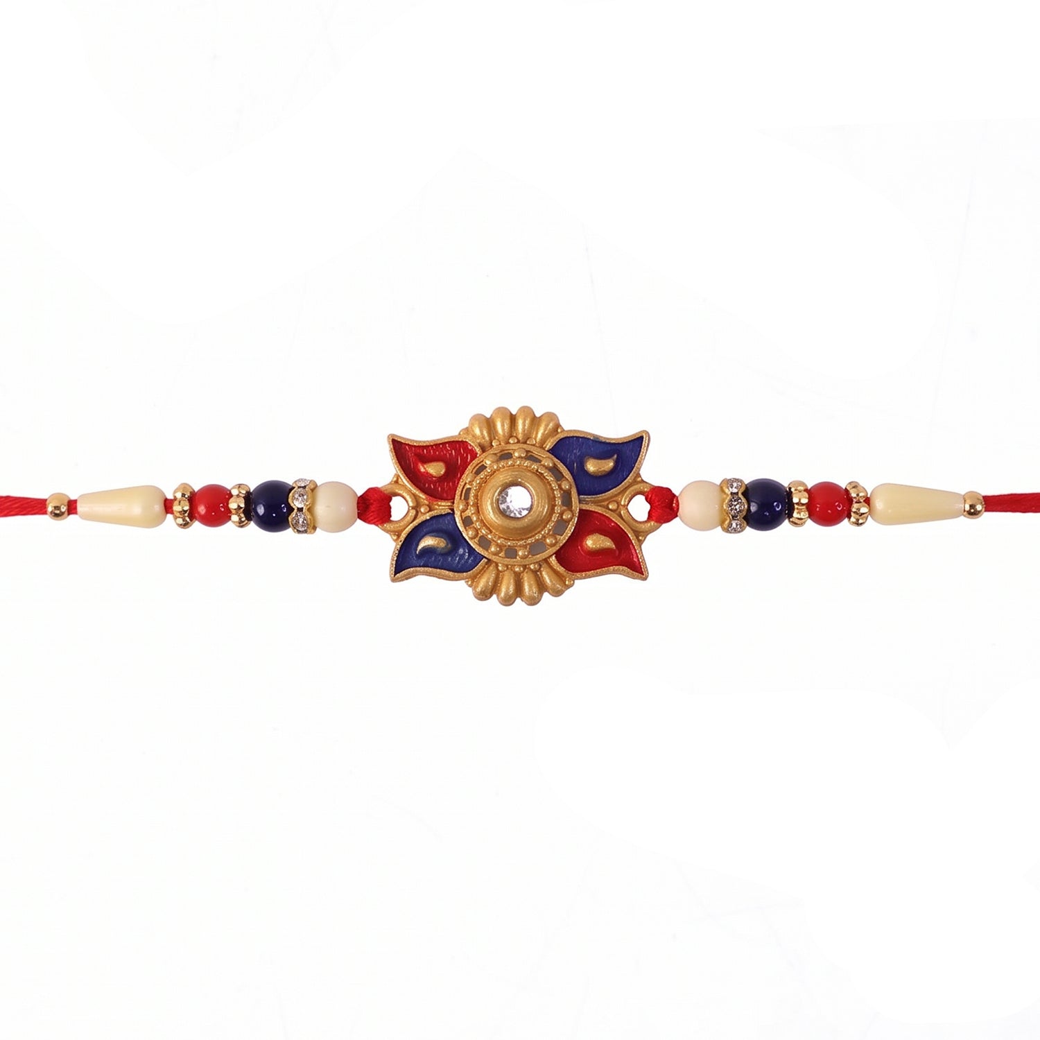 Gold Sunburst Rakhi with Blue Red Beads and Pearl Accents