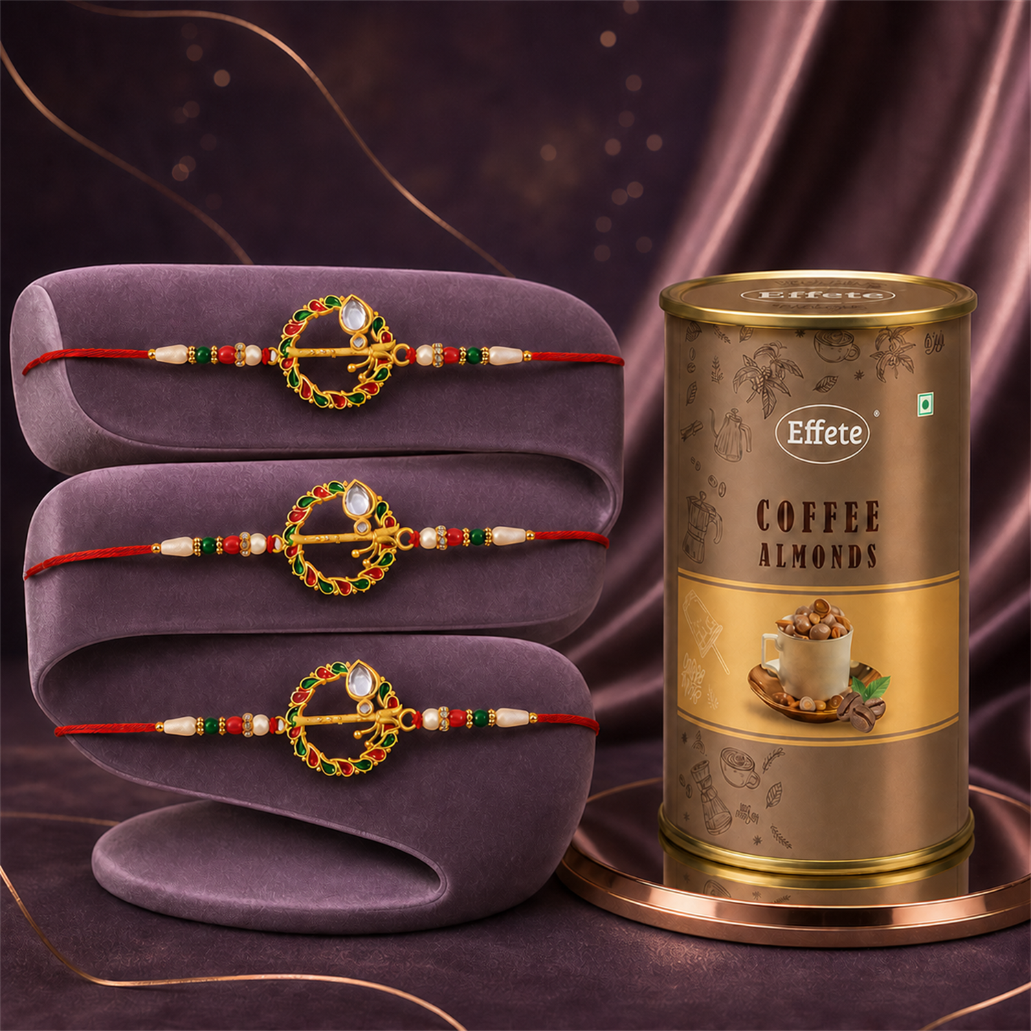 Peacock Mirror Rakhi Set with Coffee Almonds, Pack of 3