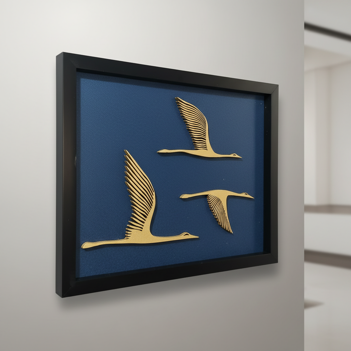 Premium quality wooden wall art with gold-toned birds against a blue background