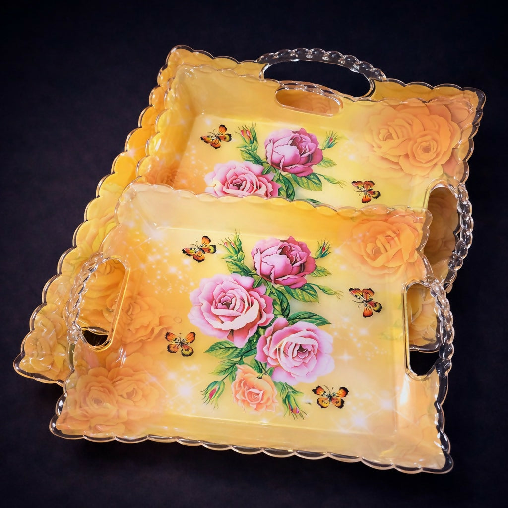 Floral Printed Serving Tray Set of 3 with Handles Multipurpose