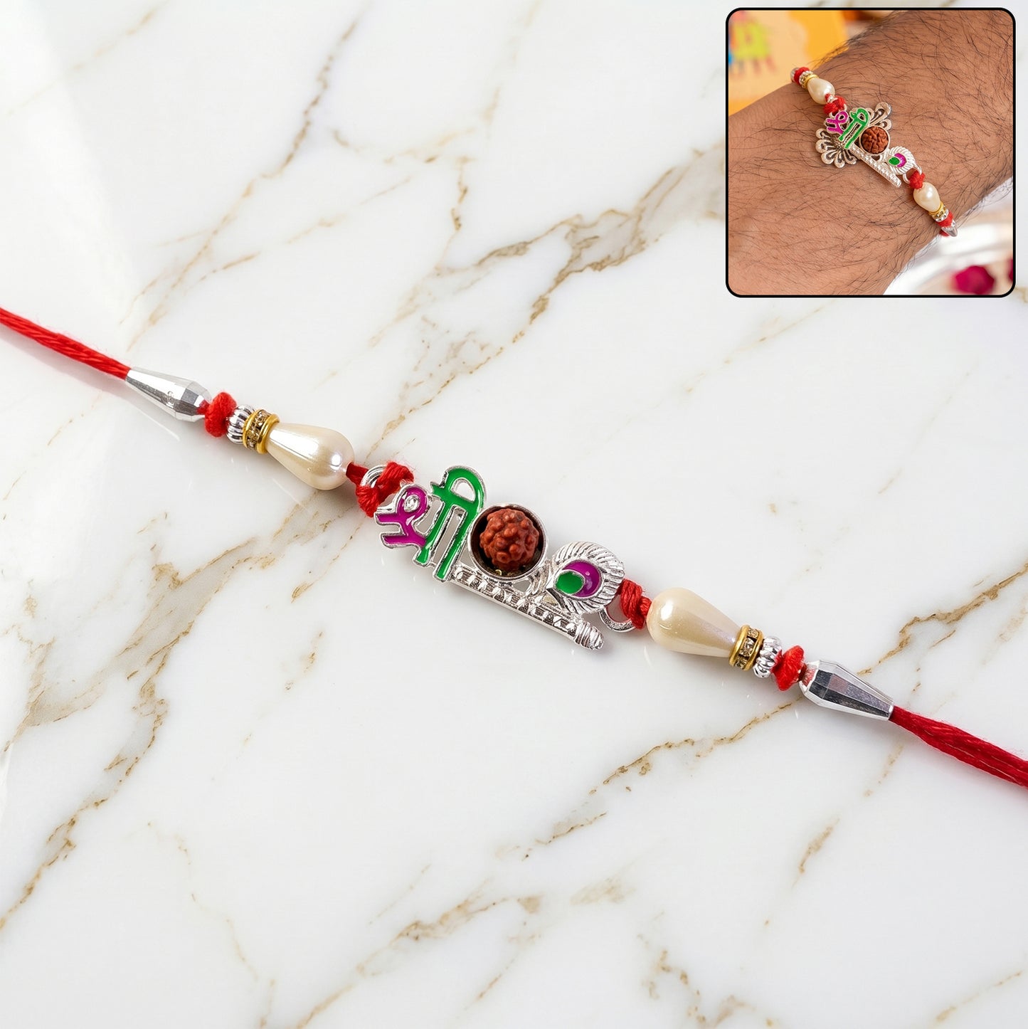 Colorful Shree Designer Rakhi with Rudraksha Center and Pearl Beads