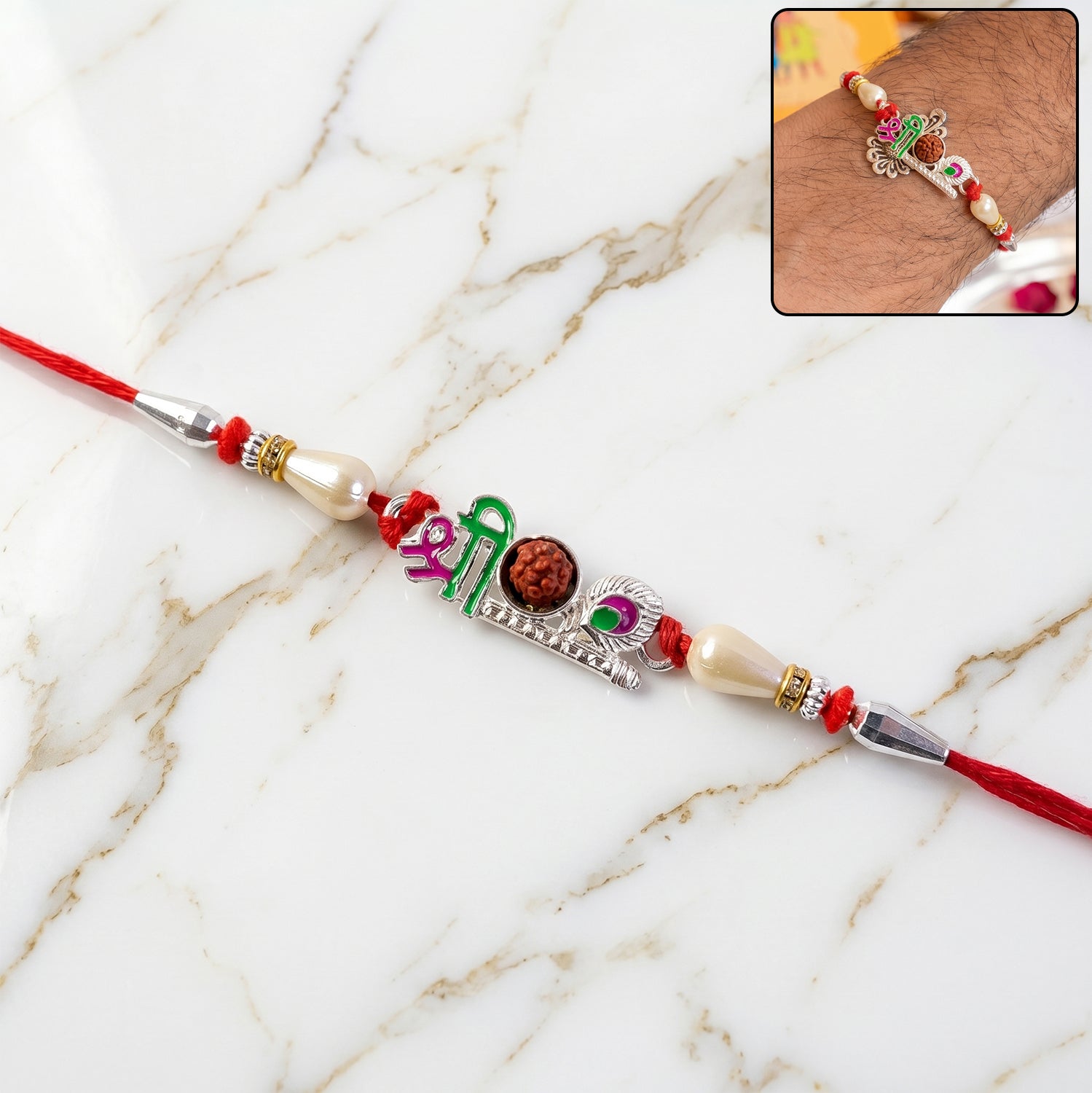 Colorful Shree Designer Rakhi with Rudraksha Center and Pearl Beads