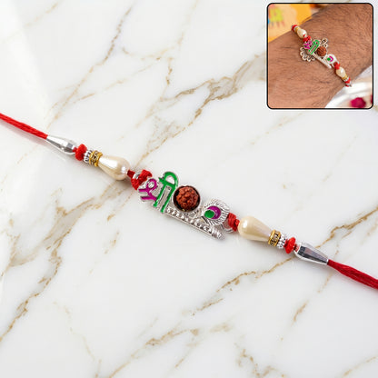 Colorful Shree Designer Rakhi with Rudraksha Center and Pearl Beads