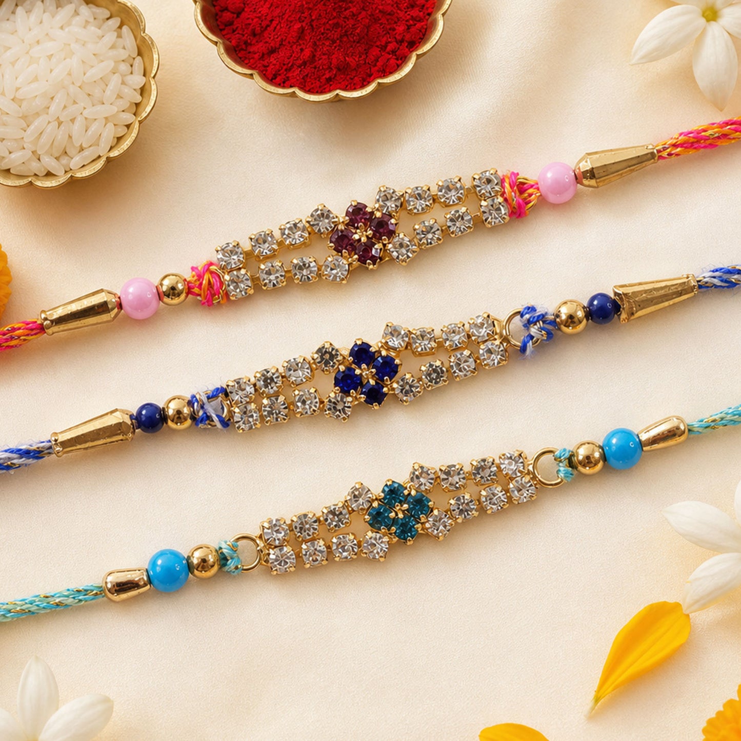 Floral Motif Stone Bar Rakhi for Raksha Bandhan (Pack of 6)