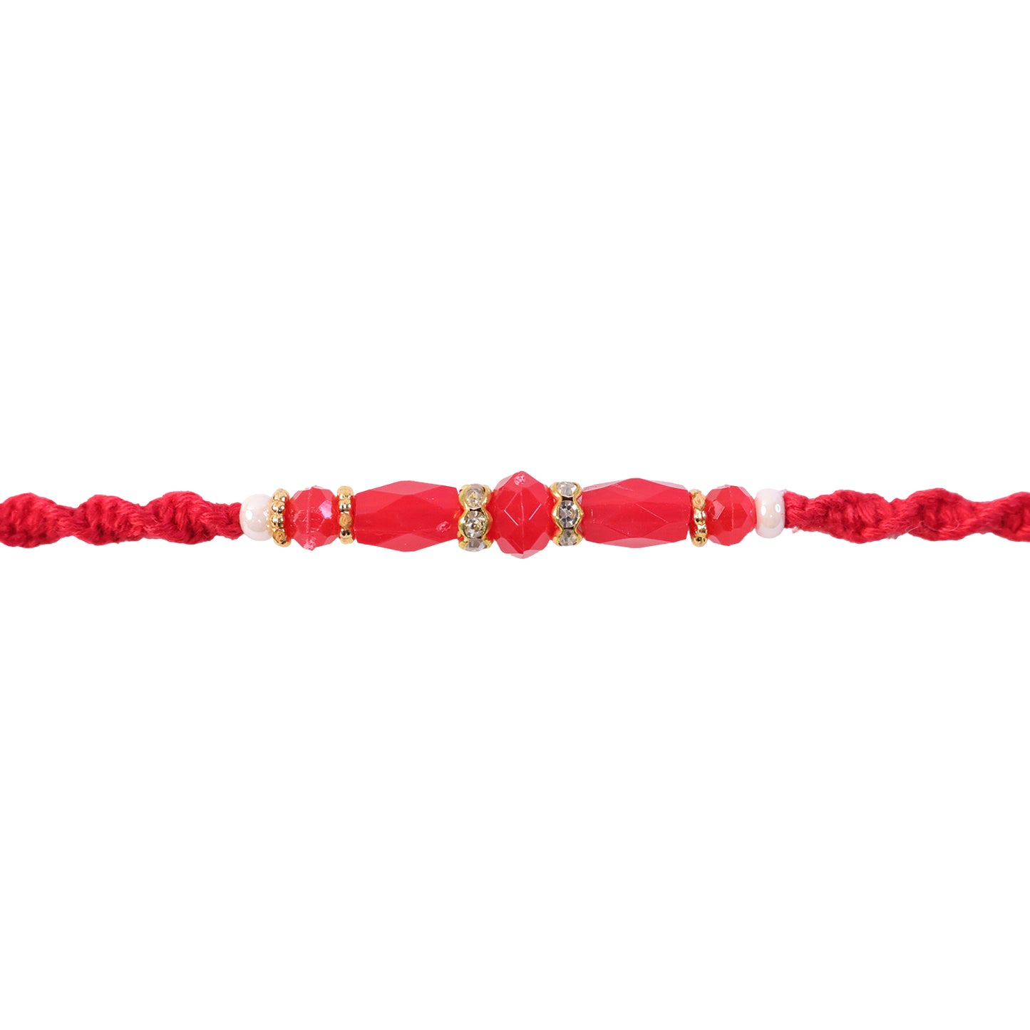 White Thread Rakhi with Smooth Red Oval Bead Accents