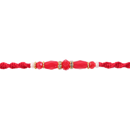 White Thread Rakhi with Smooth Red Oval Bead Accents