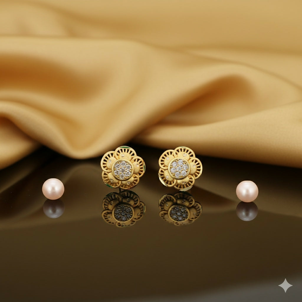 Daily Wear Gold Floral Stud Earrings with AD for women and girls