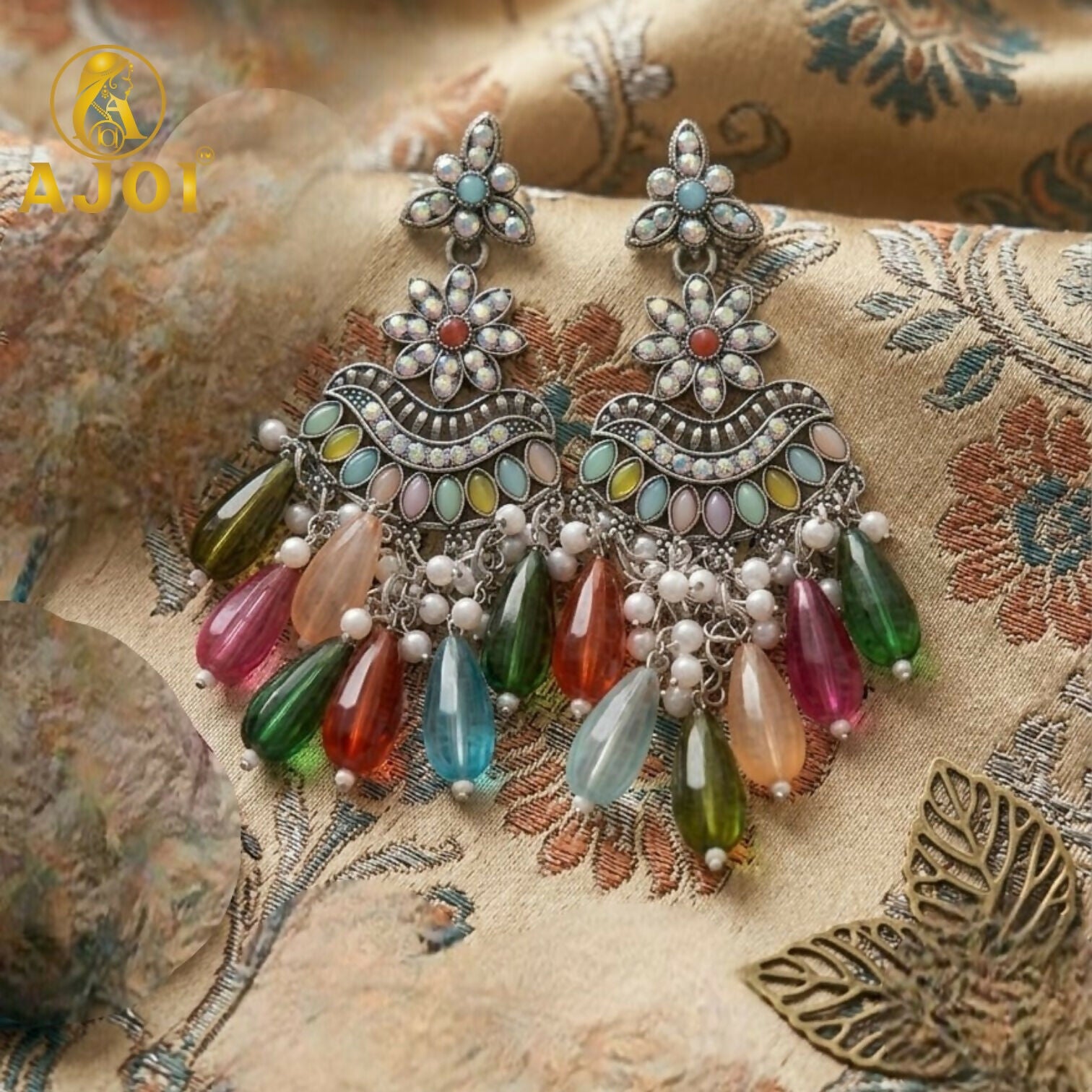Oxidized Floral Earrings with Multicolor Drop Beads & Pearl Tassels