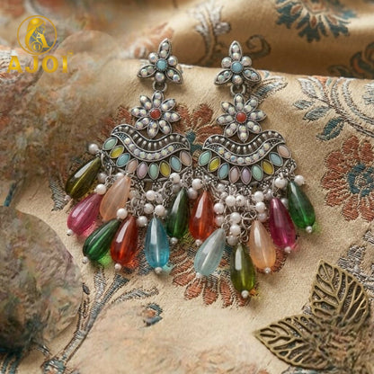 Oxidized Floral Earrings with Multicolor Drop Beads & Pearl Tassels