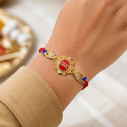 Designer Rakhi with BRO Text Plaque, clean frame and display look for Gift Styling