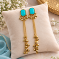 Premium Turquoise Long Gold-Tone Chain Tassel Earrings with Turquoise-Tone Geometric Tops and Dangling Beads