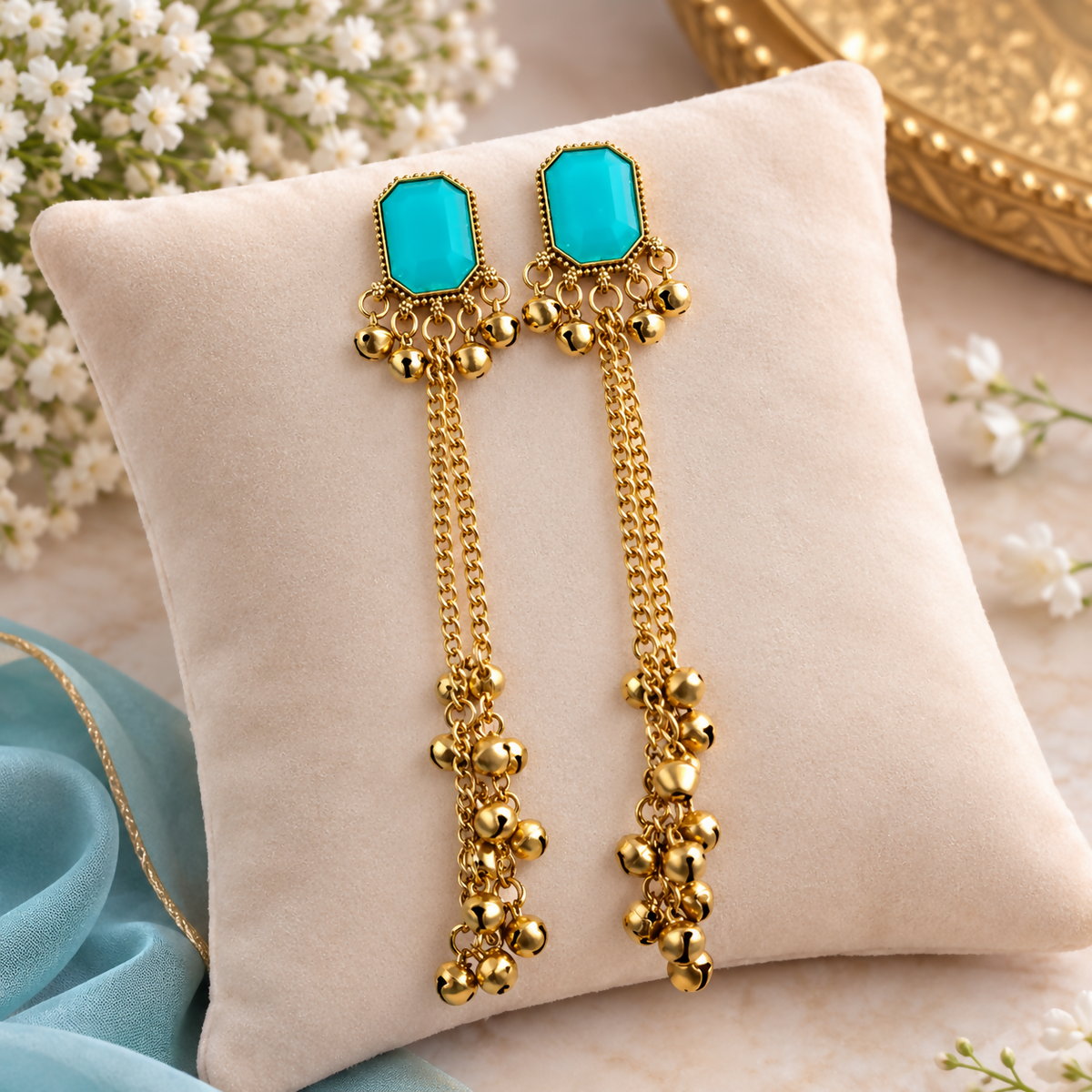 Turquoise and Gold Bell Tassel Earrings