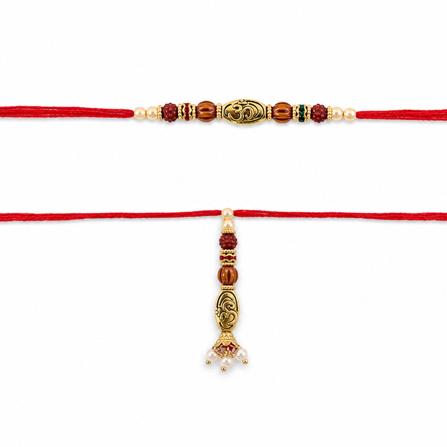 Antique Om Couple Rakhi Set with Rudraksha Style Beads and Pearl Lumba Charm Design