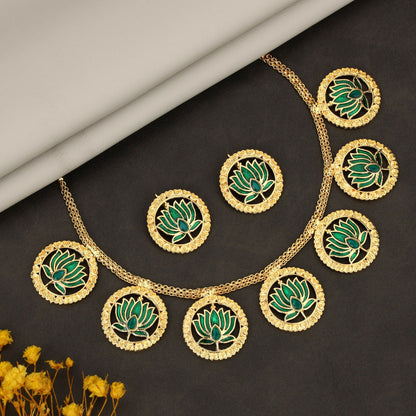 Gold-Tone Ruby-Green Floral Choker with Pearl Drops