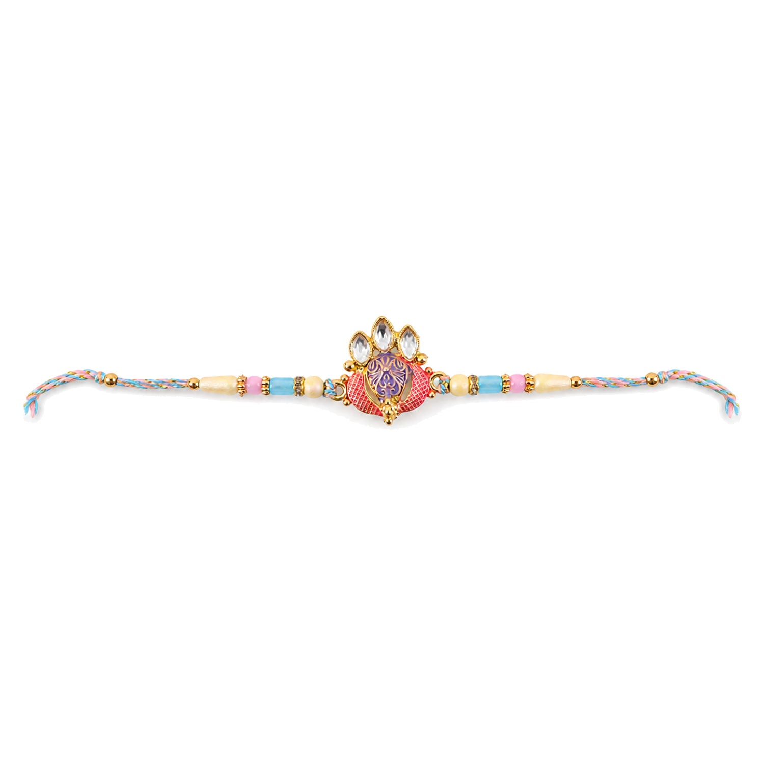 Coral Enamel Medallion Pendant Rakhi with Kundan Teardrop Stones