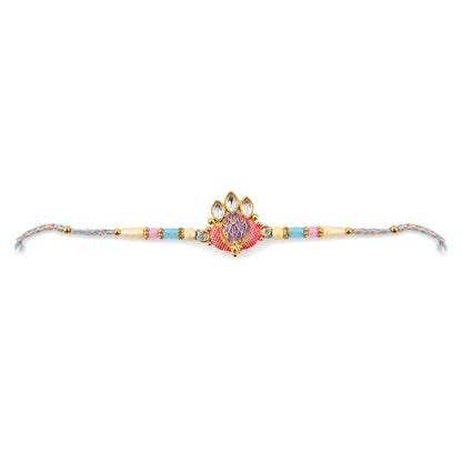 Coral Enamel Medallion Pendant Rakhi with Kundan Teardrop Stones