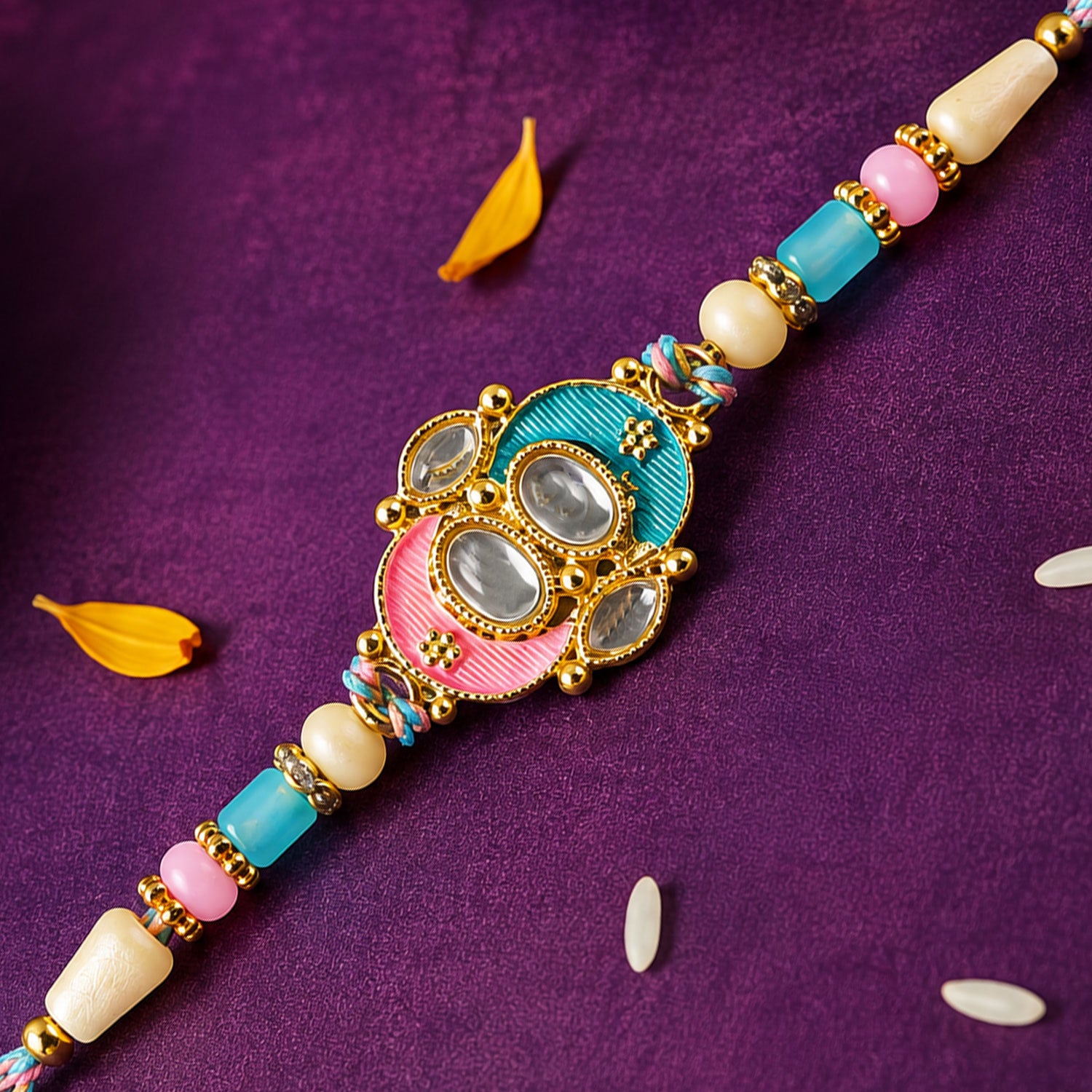 Teal and Pink Enamel Kundan Pendant Rakhi with Pastel Beads