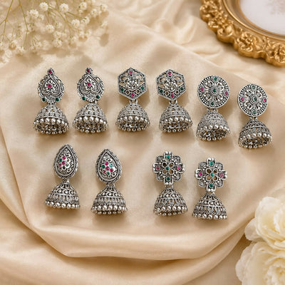 5 Pair Oxidised Silver-Tone Ethnic Earrings Set With Jhumka And Shell Drops For Women