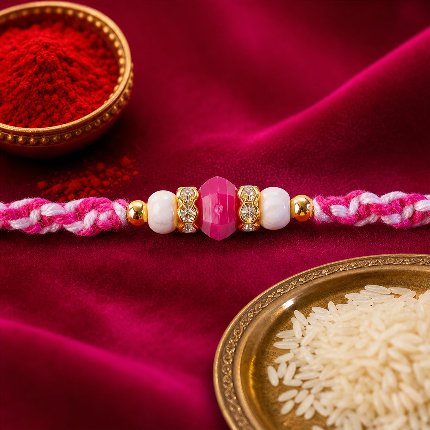 Pink-White Braided Rakhi with Rose-Pink Stone Bead Pendant