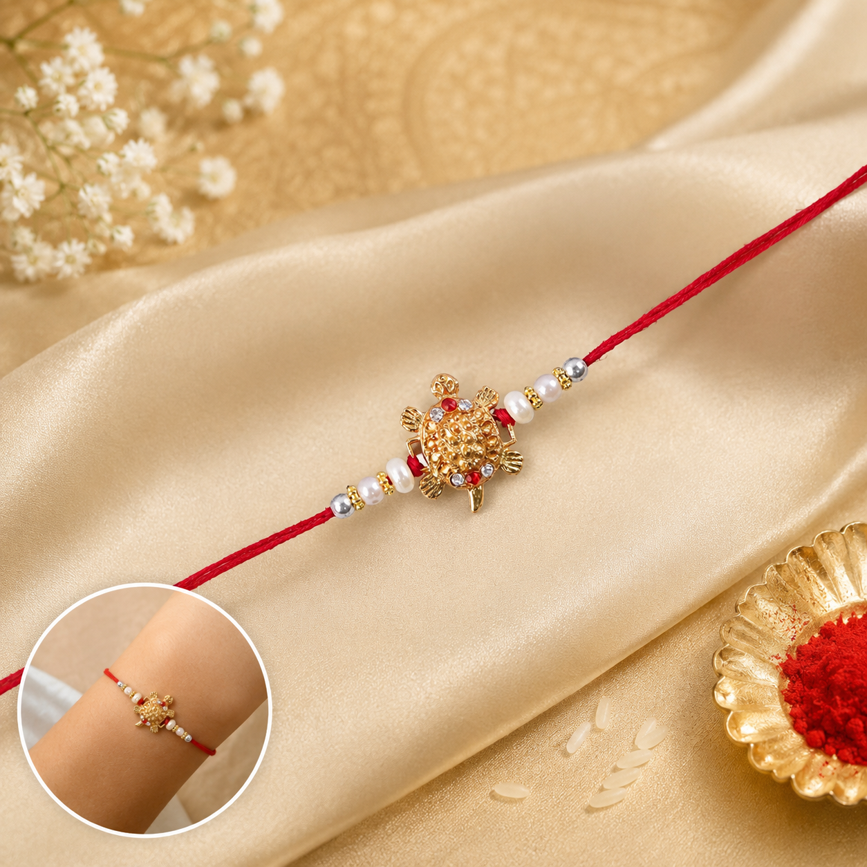 Gold Turtle Motif Rakhi with Pearl Sides and Classic Red Thread