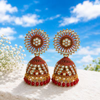 Red Stone Gold-Tone Jhumka Earrings for Women – Designer Traditional Ethnic Jewellery