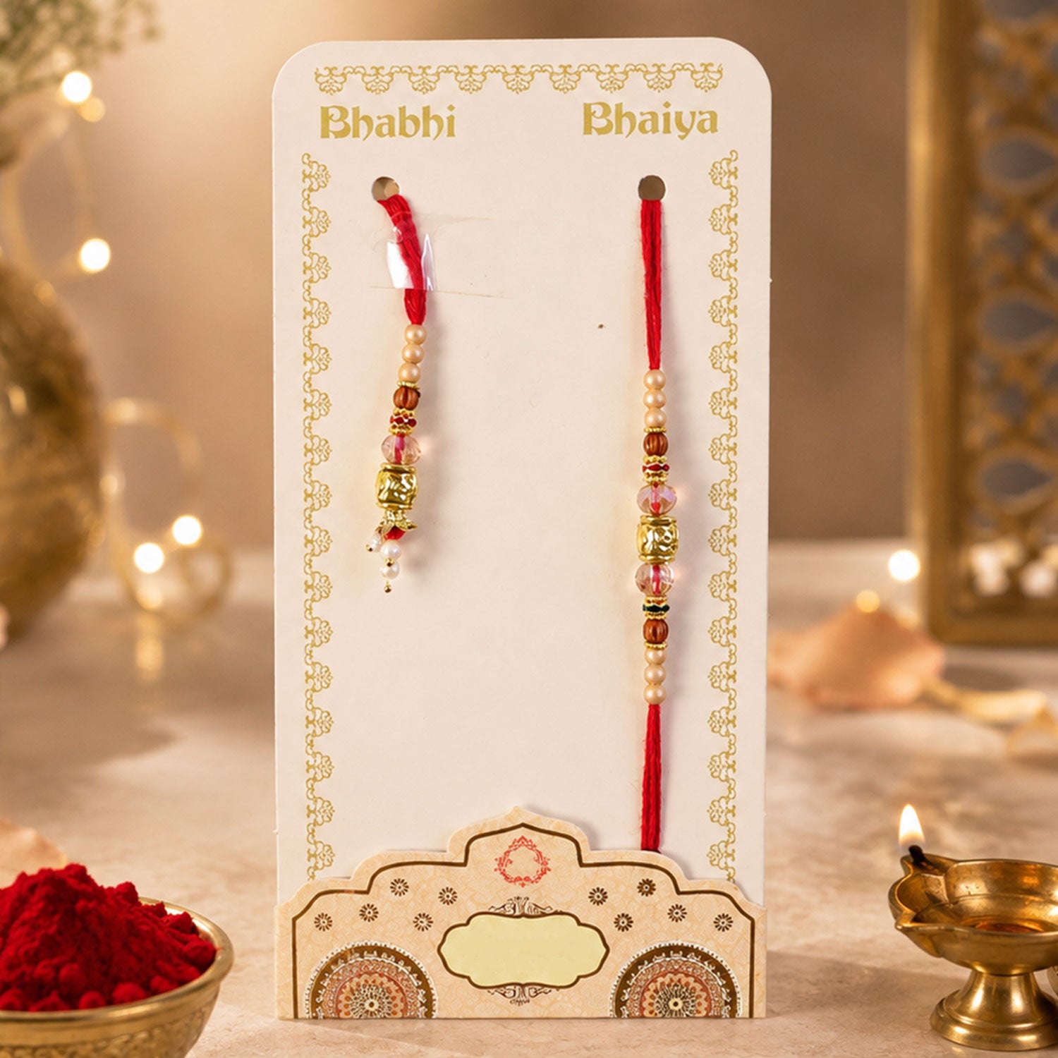 Antique Filigree Cube Charm Bhai Bhabhi Rakhi with Crystal Beads and Pearl Drops