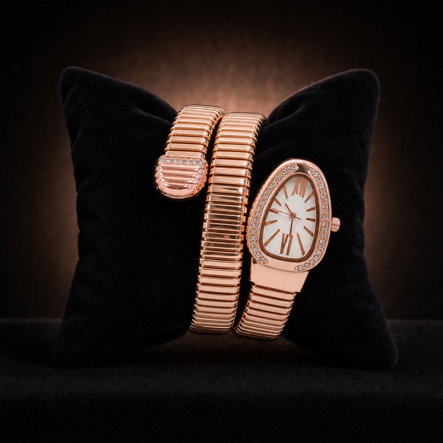 Rose Gold Snake Chain Bracelet Watch with Oval Dial Crystal Border for Women