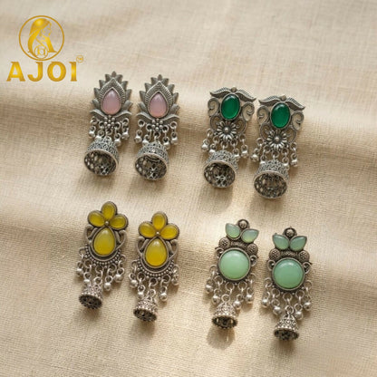 Oxidized silver jhumka earrings combo set of 4 with colorful stones