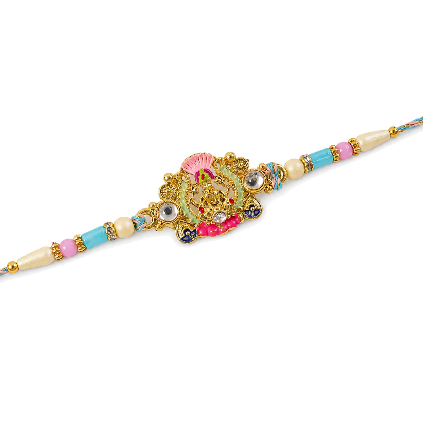 Gold Peacock Kundan Pendant Rakhi with Pastel Beads