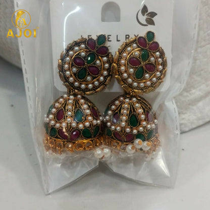 Exquisite Traditional Kundan Jhumka Earrings with Ruby & Emerald Stones, Handcrafted Gold-Tone Pearl Drop Bridal Jewelry
