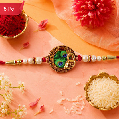 Shop Peacock Feather Rakhi with Pearl Bead Accents Red Thread (5pcs)