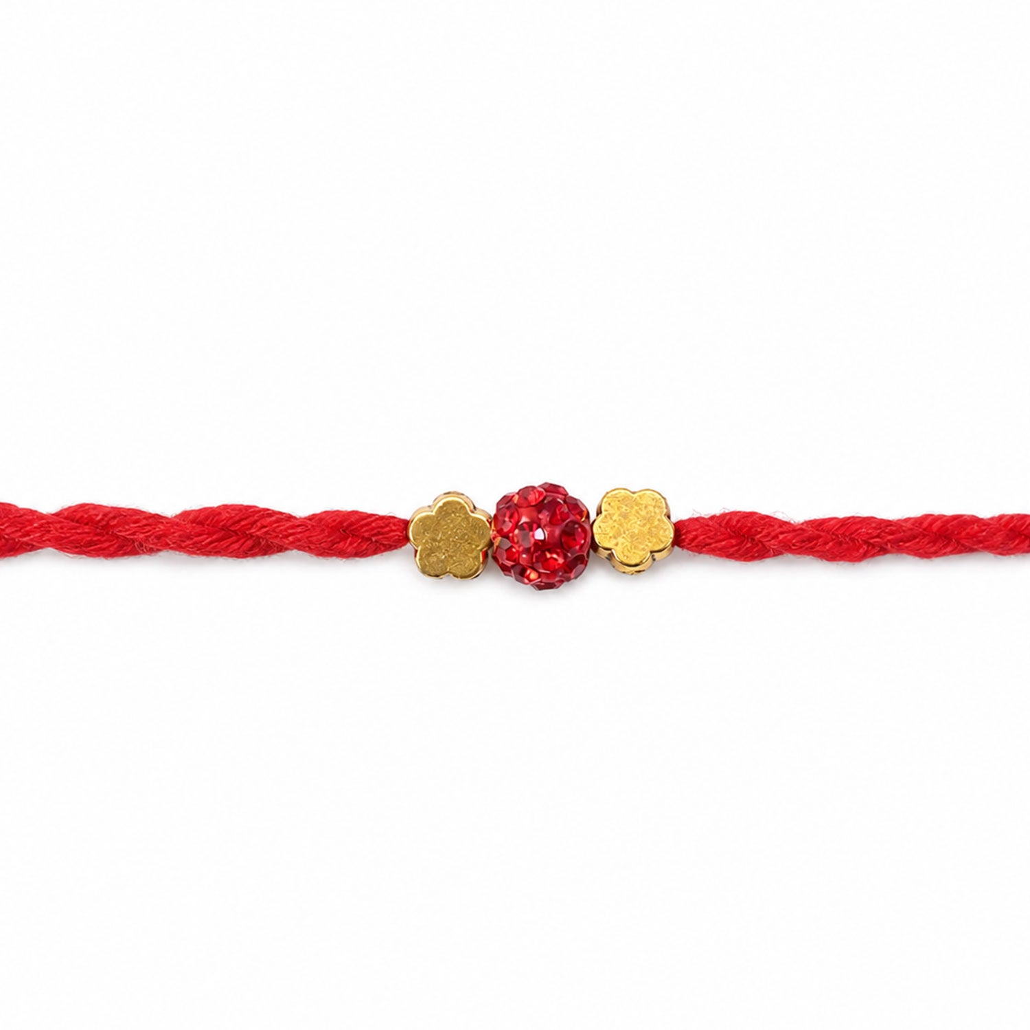 Red Thread Rakhi with Sparkling Red Ball Bead and Gold Flower Accents