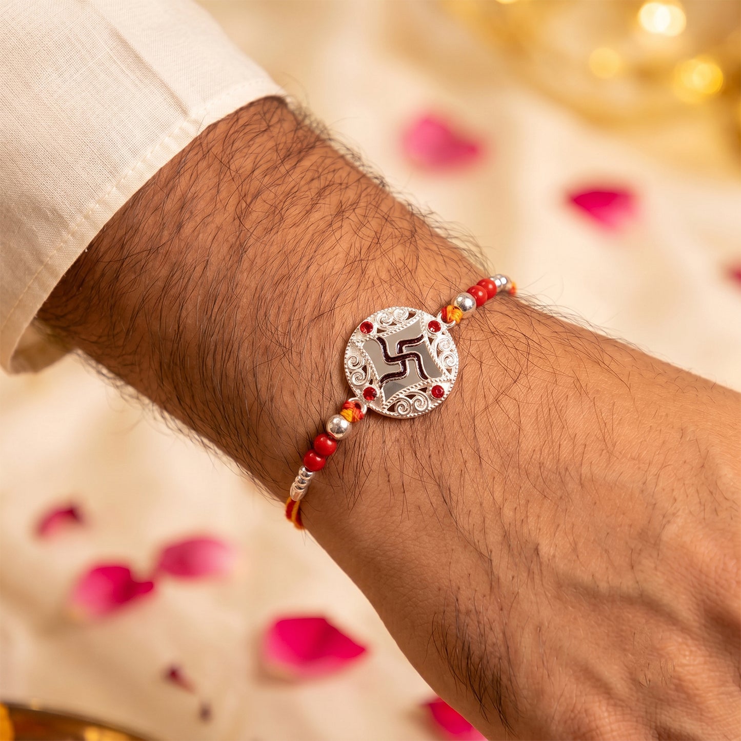 Silver Swastik Stone Rakhi with Red Thread and Handmade Look
