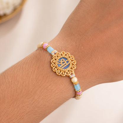 Bold Rakhi featuring Shri Plaque, ornate frame and plaque look for Festive Display