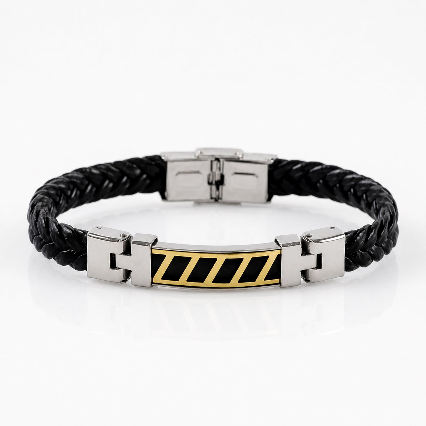 Stripe Bracelet Rakhi with Black Braided Band and Dual-Tone Plate for Raksha Bandhan