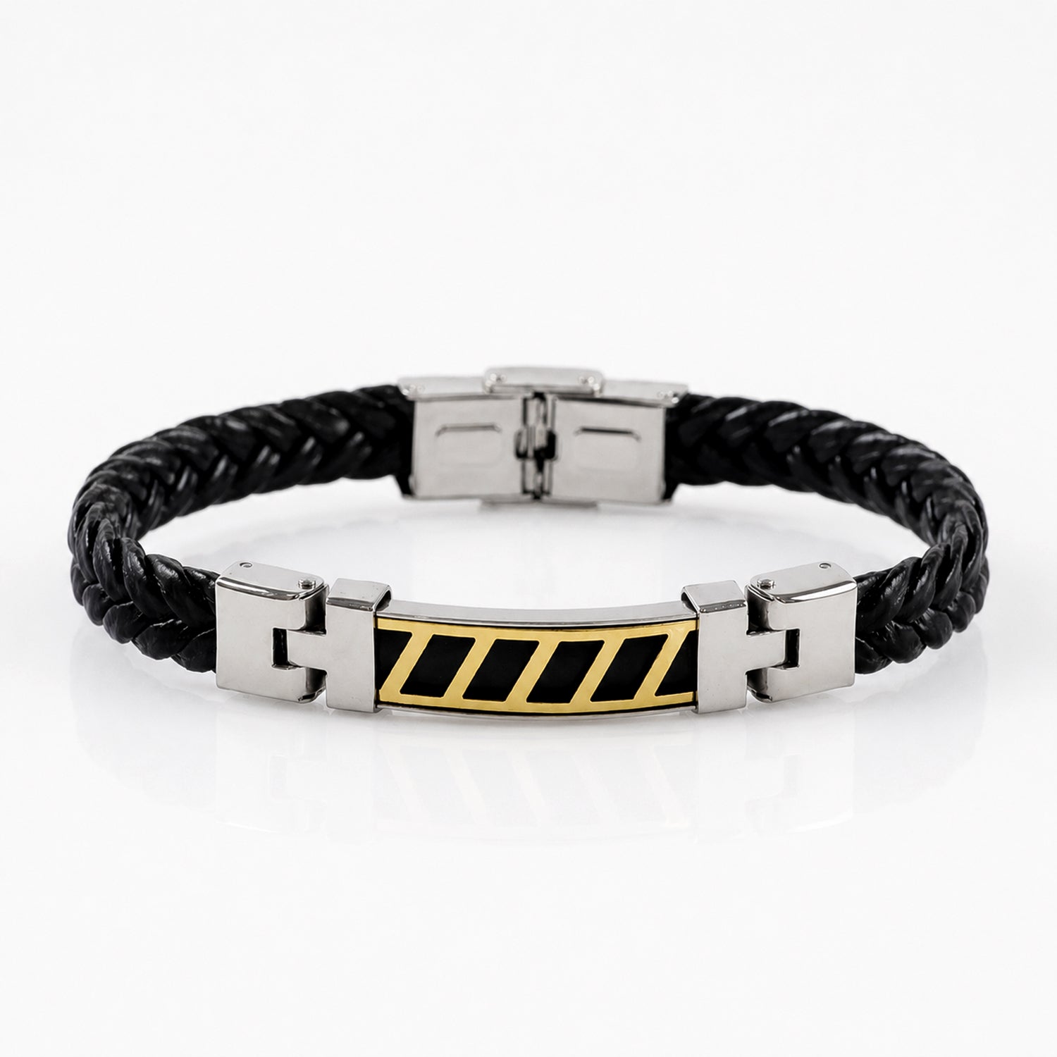 Stripe Bracelet Rakhi with Black Braided Band and Dual-Tone Plate for Raksha Bandhan