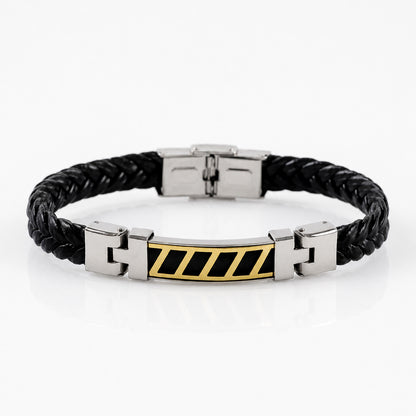 Stripe Bracelet Rakhi with Black Braided Band and Dual-Tone Plate for Raksha Bandhan