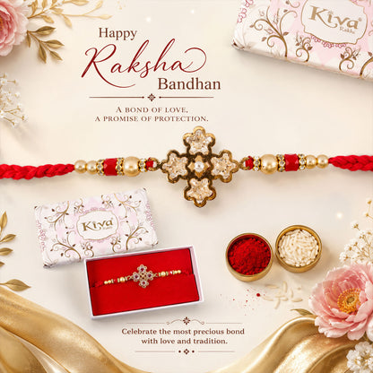 Pearl White Clover Designer Beaded Rakhi for Brother with Gold Accents