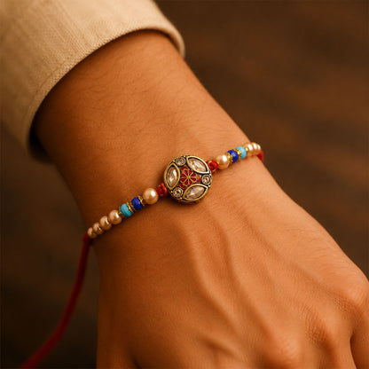 Royal Traditional Kundan Stone & Pearl Beaded Designer Rakhi for Brother