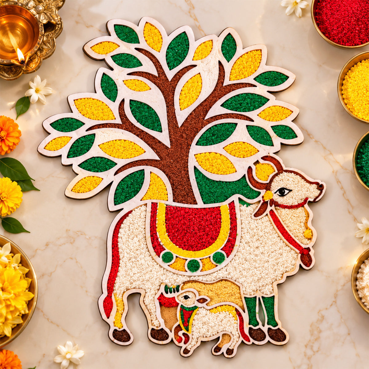 Cow and Calf Rangoli Stencil Board for Puja, Festival and Home Entrance Decor