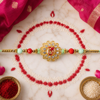 Om Floral Kundan Rakhi with Pearl Beads and Traditional Motif Design (10pcs)
