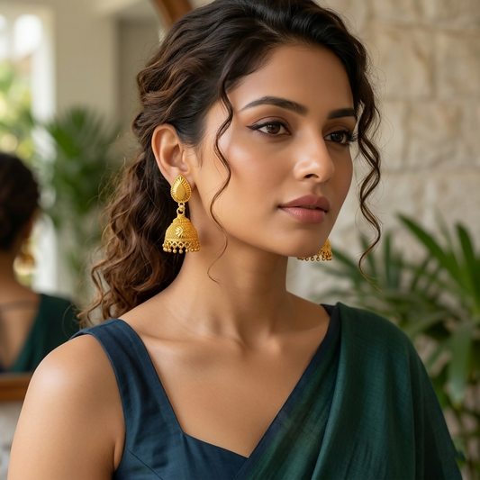 Gold finish traditional Jhumka earrings with intricate detailing