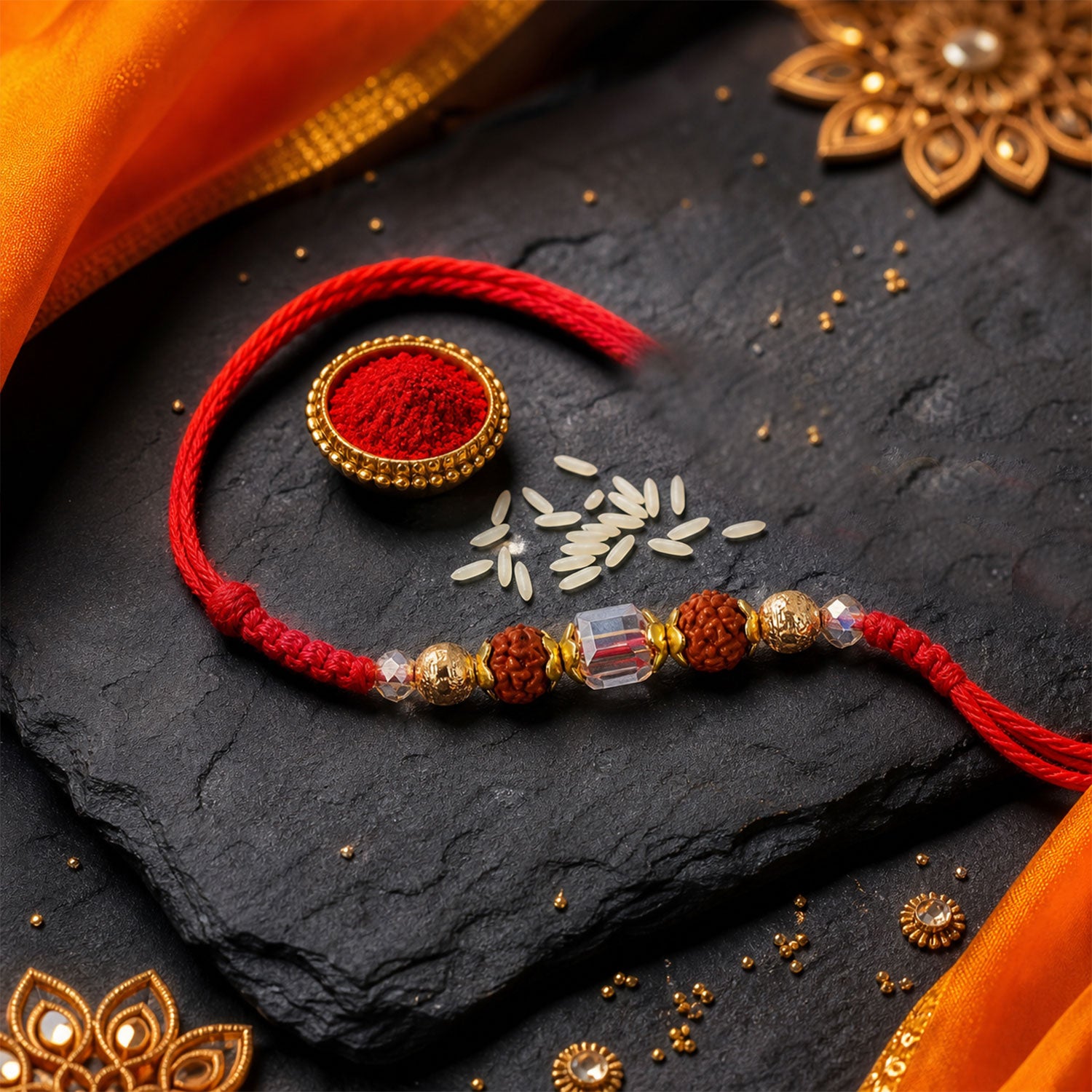Red Thread Rakhi with Textured Rudraksha and Crystal Bead Pendant