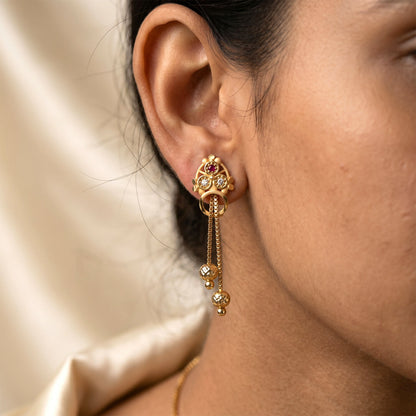 Detail of cascading bead chains on earrings
