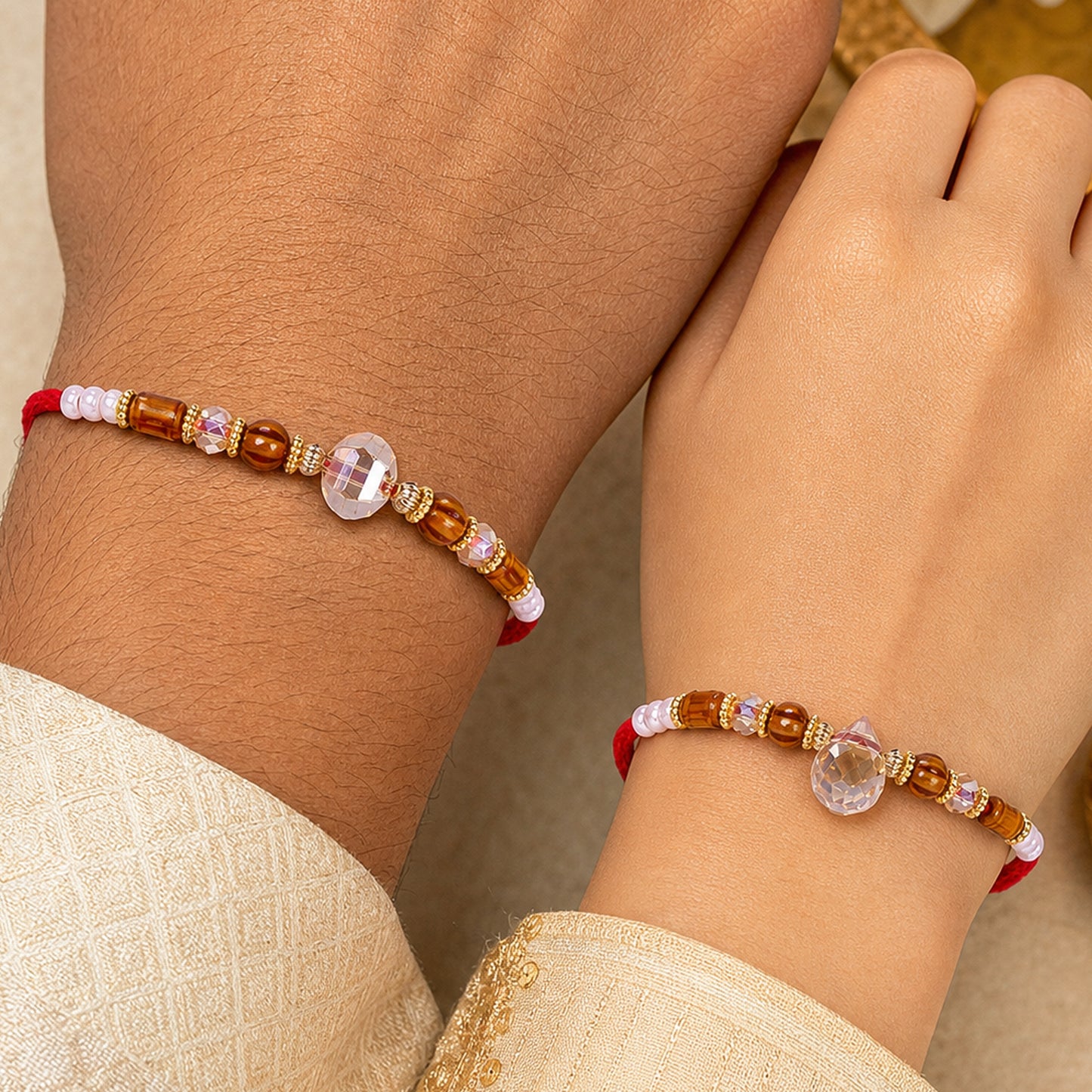 Couple Rakhi Set with Amber Wooden Beads and Faceted Crystal Drops for Bhaiya Bhabhi