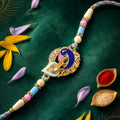 Festive Rakhi featuring Peacock Charm, blue stones and wrist style for Raksha Bandhan