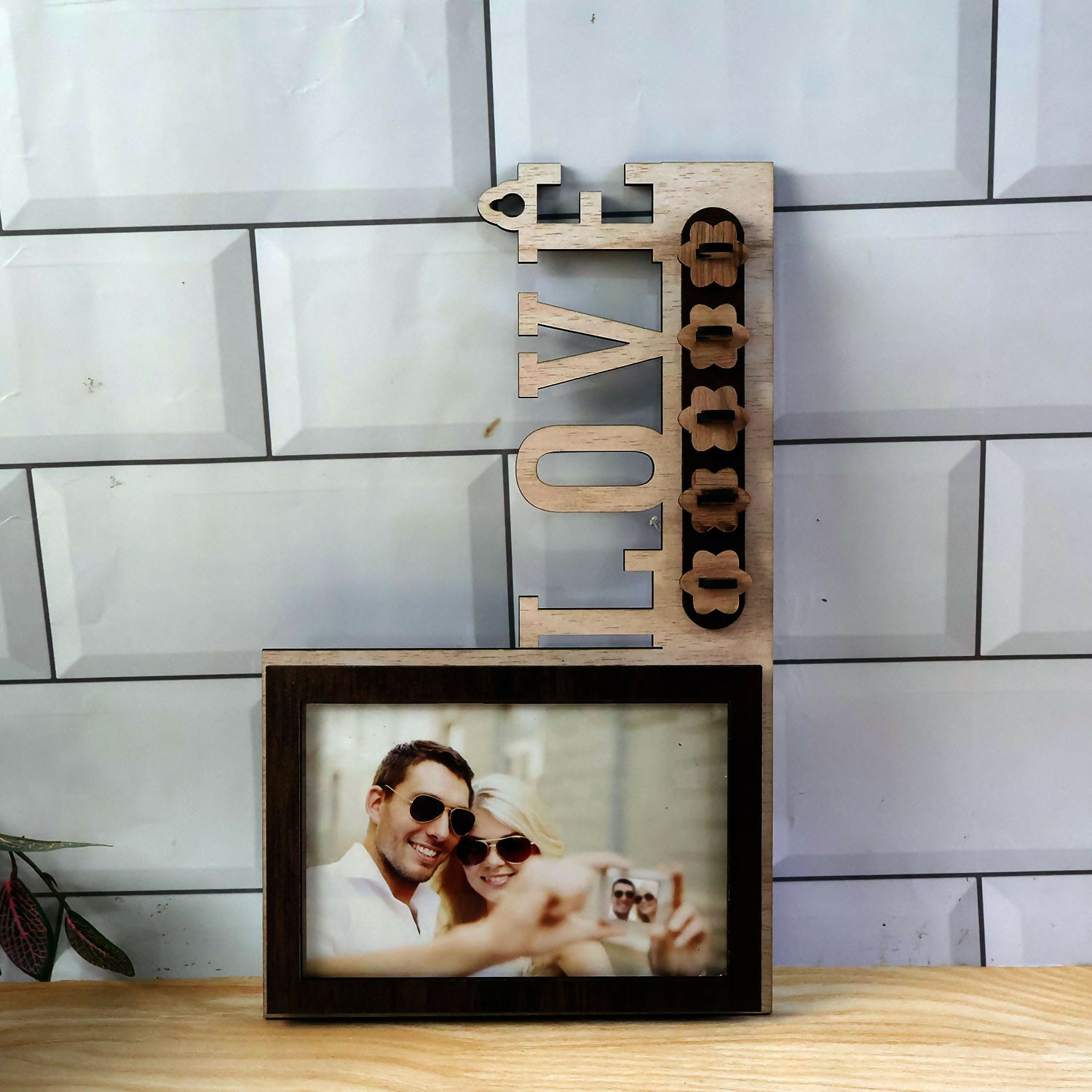Wooden Photo Frame Key Holder with LOVE Cutout & 5 Hooks – 8 x 12 Inch