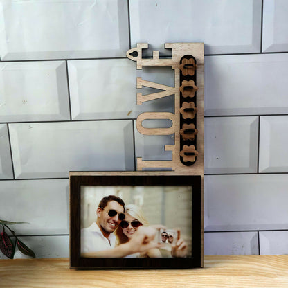 Wooden Photo Frame Key Holder with LOVE Cutout & 5 Hooks – 8 x 12 Inch