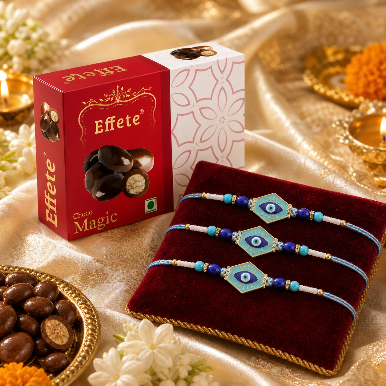 Blue Evil Eye Bracelet Rakhi with Choco Magic, Pack of 3