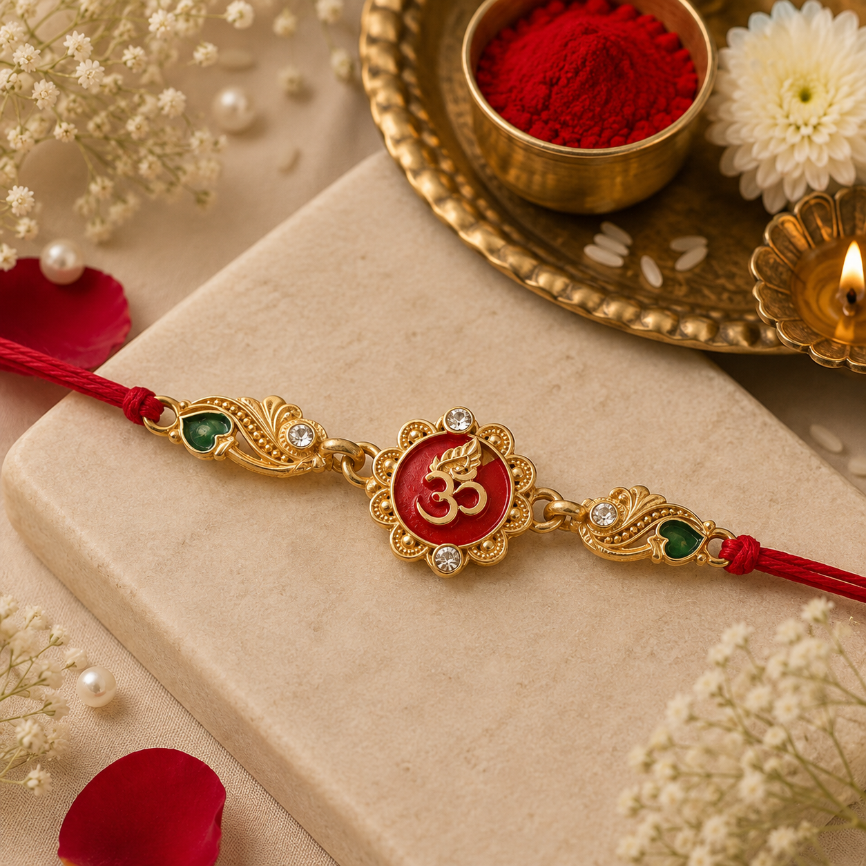 Elegant Rakhi featuring Om Plaque, crystal accents and thread style for Gift Styling